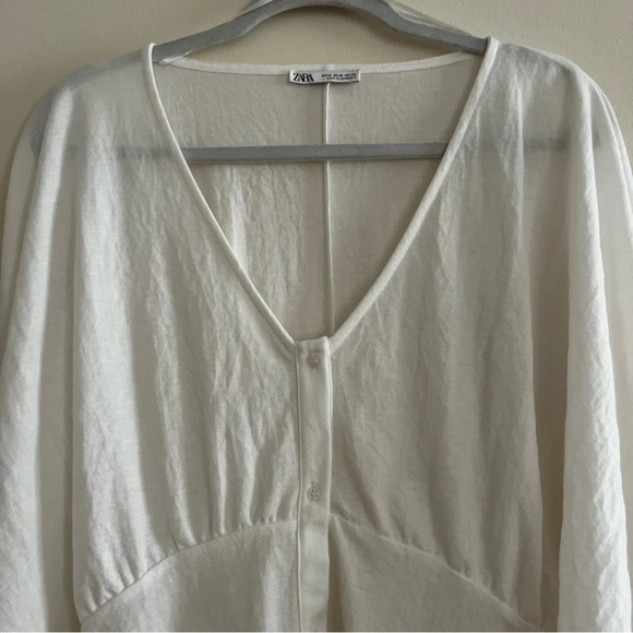 ZARA Gauzy Romantic White Batwing Dolman Sleeve Cropped Button Blouse Top - Picture 6 of 10